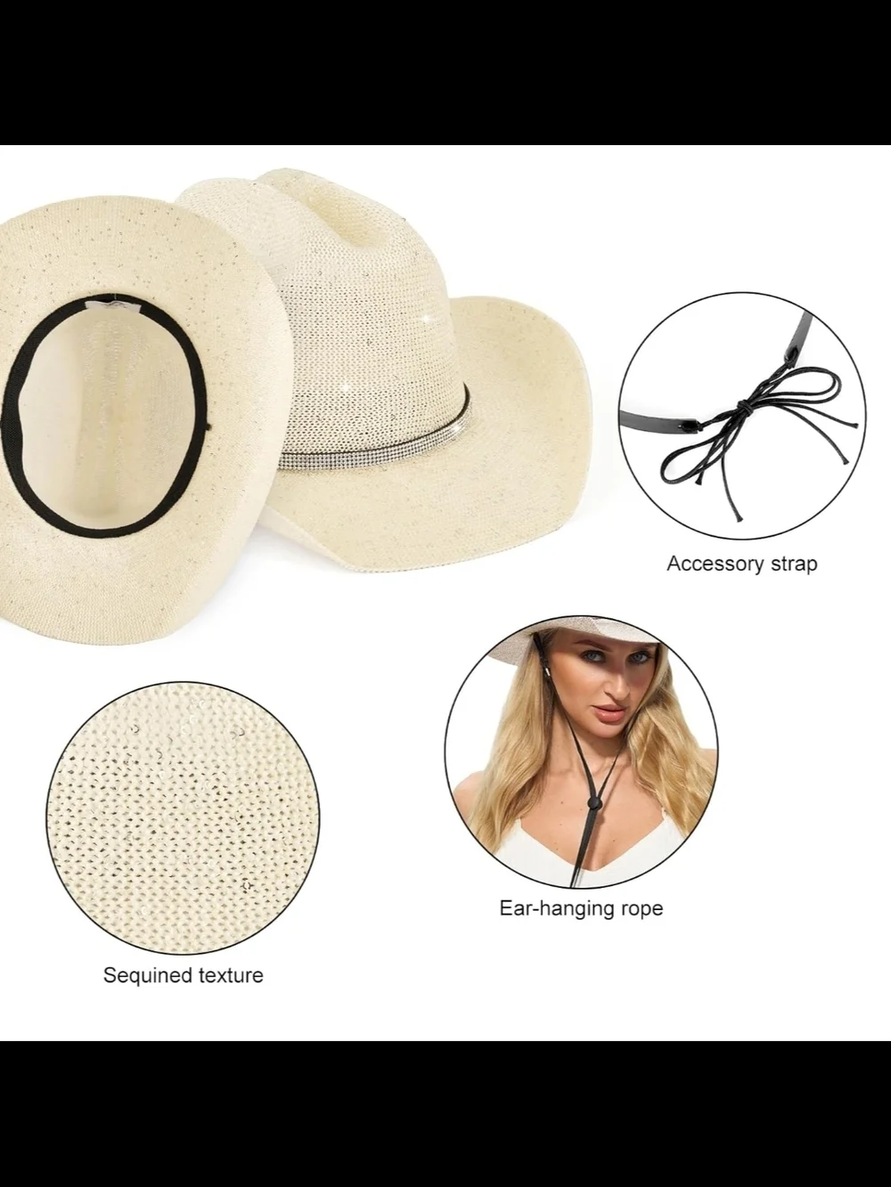 Women’s Bling Straw Cowboy Hat - Cream - Picture 5 of 6